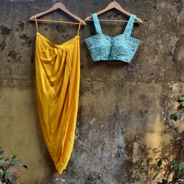 Yellow Cowl Skirt with Blue Potli Top - Fashion Brand & Designer Priti Sahni