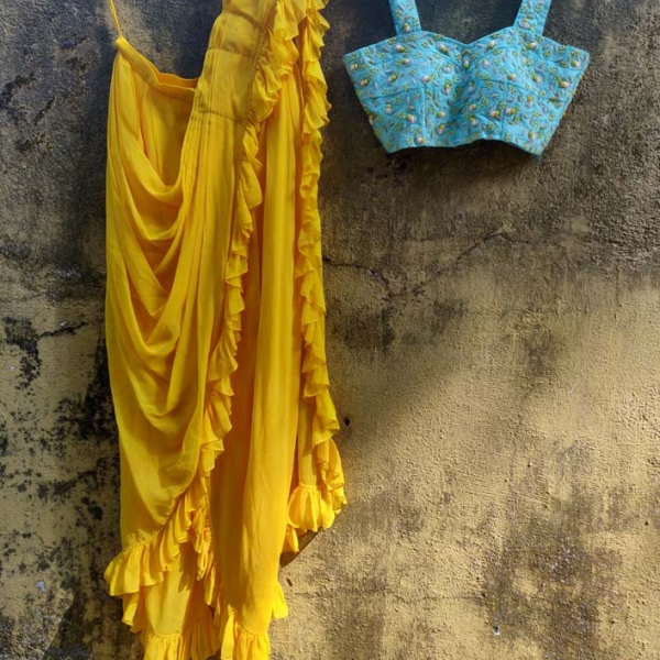 Yellow Dhoti Saree with Blue Bustier Indo-Western 7