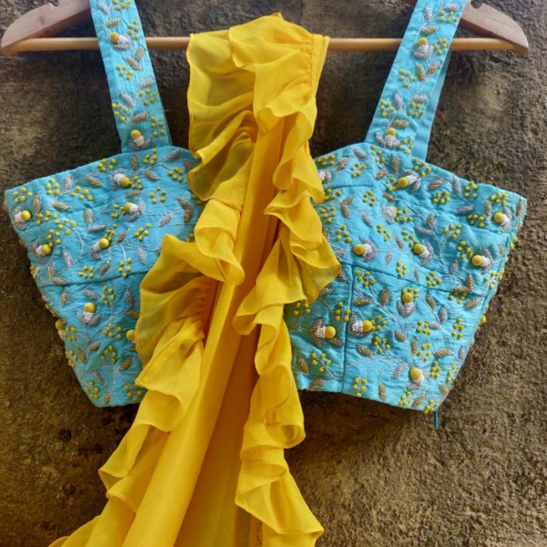 Yellow Dhoti Saree with Blue Bustier Indo-Western 5
