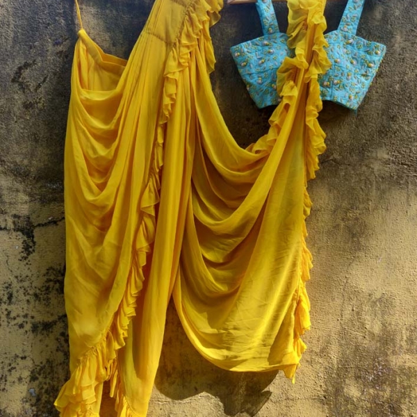 Yellow Dhoti Saree with Blue Bustier Indo-Western 4