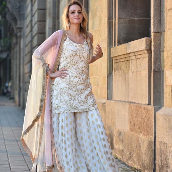 Ivory Palazzo Set with Shaded Dupatta - Fashion Brand & Designer Priti Sahni