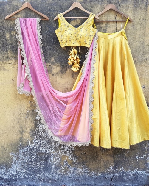 Mustard Raw Silk Lehenga - Fashion Brand & Designer Priti Sahni