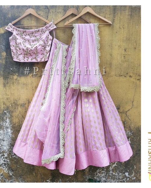 Lilac Raw Silk Off Shoulder Lehenga - Fashion Brand & Designer Priti Sahni