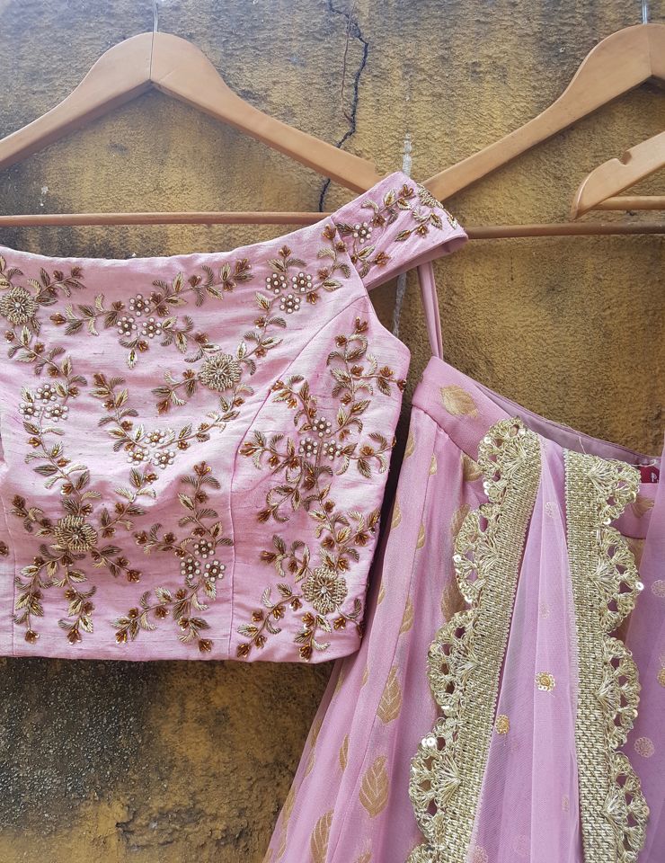 Lilac Raw Silk Off Shoulder Lehenga - Fashion Brand & Designer Priti Sahni 2