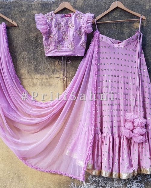 Lilac Raw Silk Ruffle Lehenga - Fashion Brand & Designer Priti Sahni