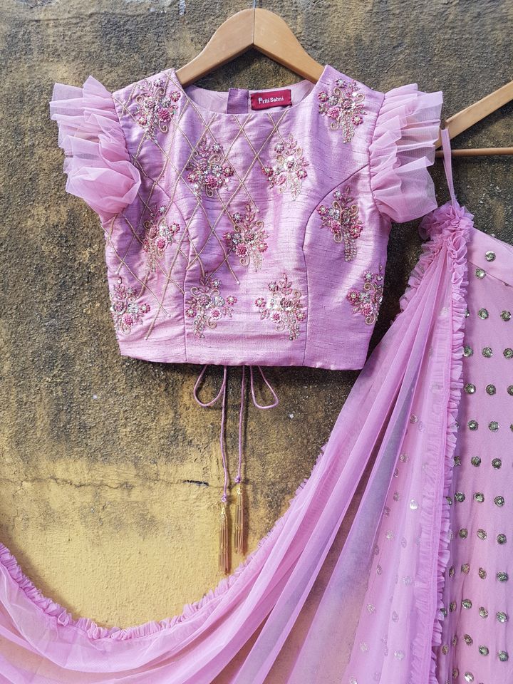 Lilac Raw Silk Ruffle Lehenga - Fashion Brand & Designer Priti Sahni 2
