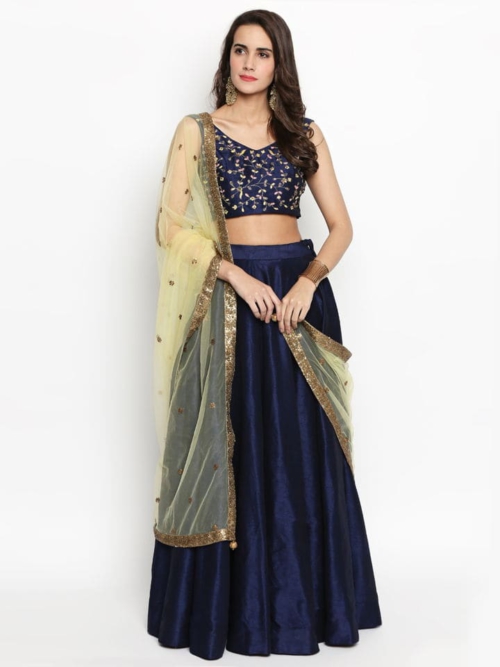 Navy Blue Raw Silk Lehenga Bridesmaids