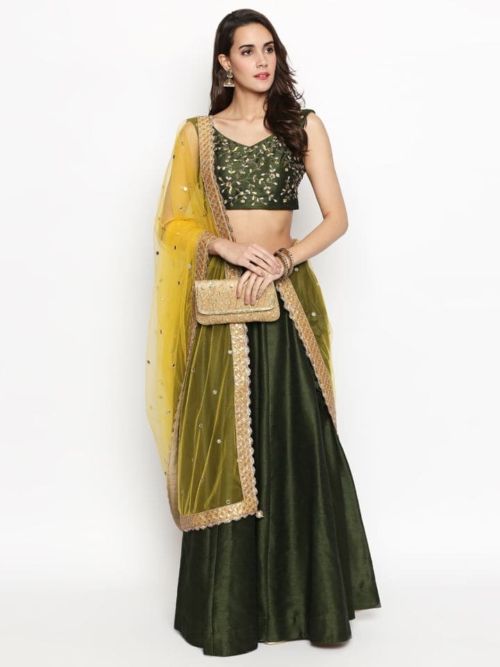 Moss Green Raw Silk Lehenga Bridesmaids