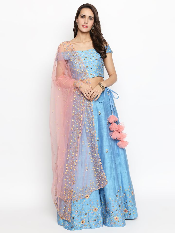Powder Blue Raw Silk Embroidered Lehenga - Fashion Brand & Designer Priti Sahni 10