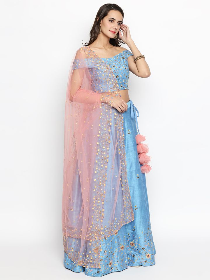 Powder Blue Raw Silk Embroidered Lehenga - Fashion Brand & Designer Priti Sahni 8