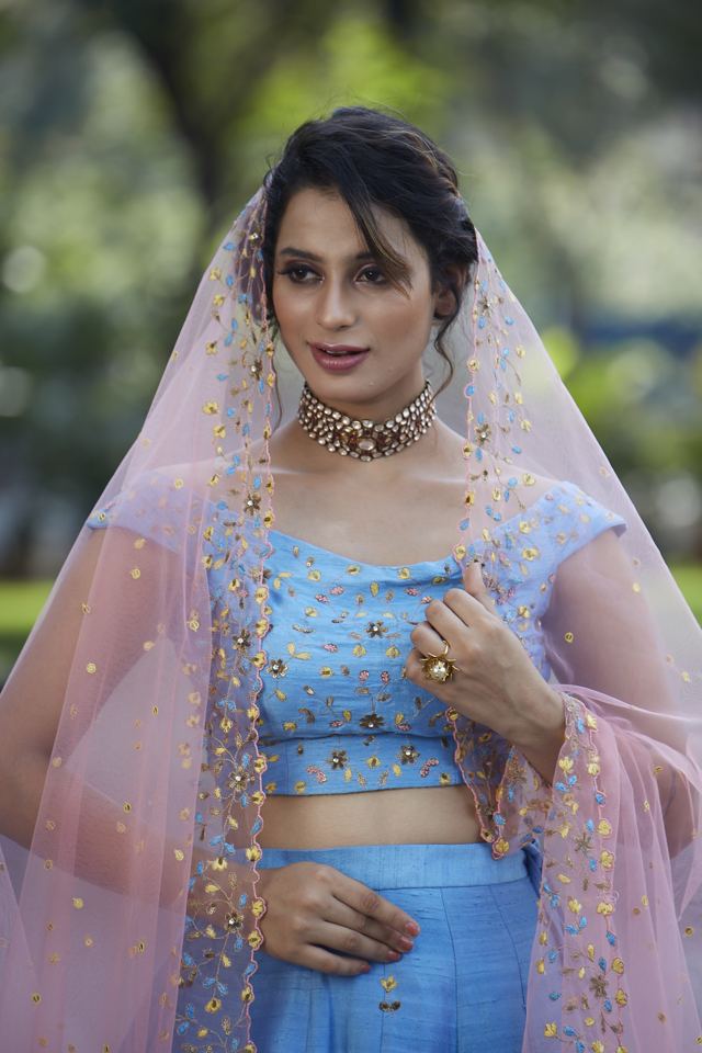 Powder Blue Raw Silk Embroidered Lehenga - Fashion Brand & Designer Priti Sahni 2