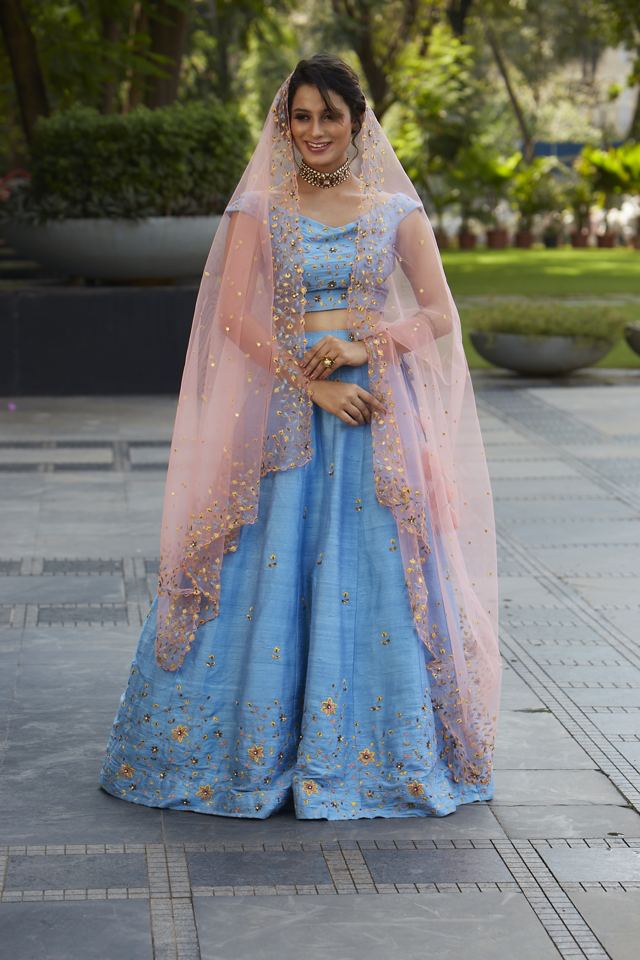 Powder Blue Raw Silk Embroidered Lehenga - Fashion Brand & Designer Priti Sahni 3