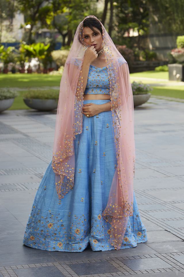Powder Blue Raw Silk Embroidered Lehenga - Fashion Brand & Designer Priti Sahni 4