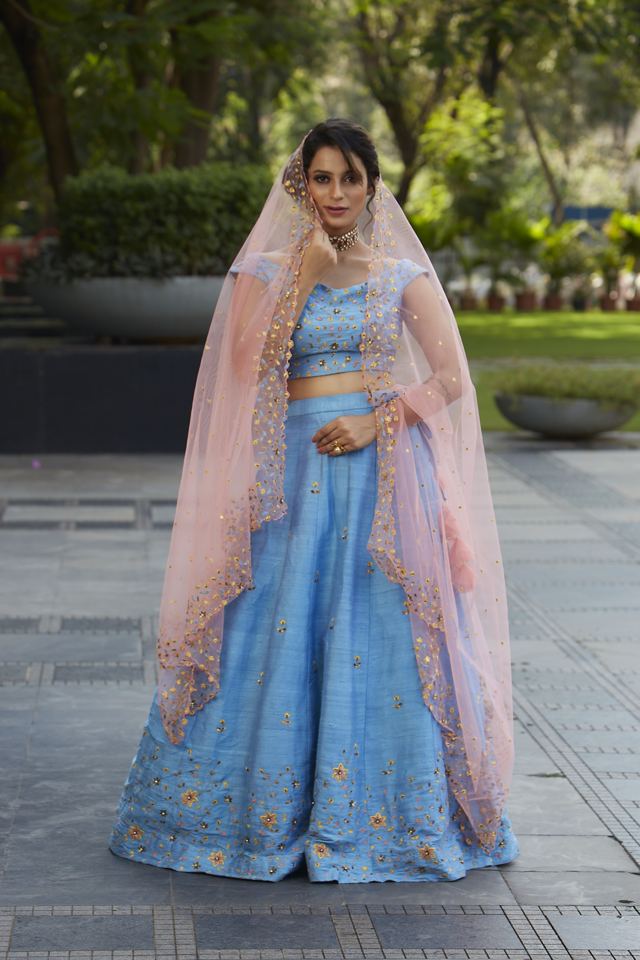 Powder Blue Raw Silk Embroidered Lehenga - Fashion Brand & Designer Priti Sahni