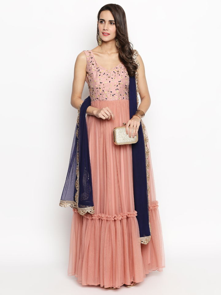 Nude Pink Ruffle Anarkali - Fashion Brand & Designer Priti Sahni