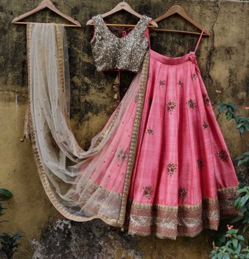 Peach and Gold Raw Silk Lehenga Bridal Couture