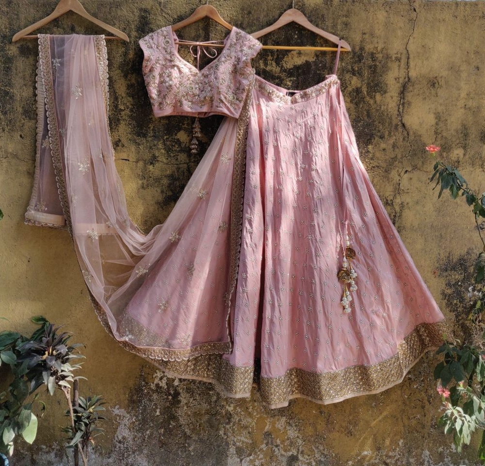 Rose Dust Pink Raw Silk Lehenga Bridal Couture