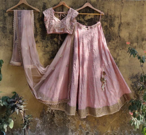 Rose Dust Pink Raw Silk Lehenga Bridal Couture