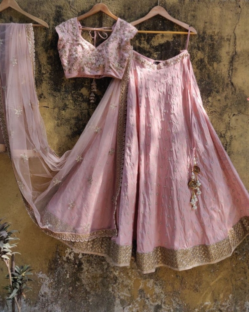 Rose Dust Pink Raw Silk Lehenga - Fashion Brand & Designer Priti Sahni