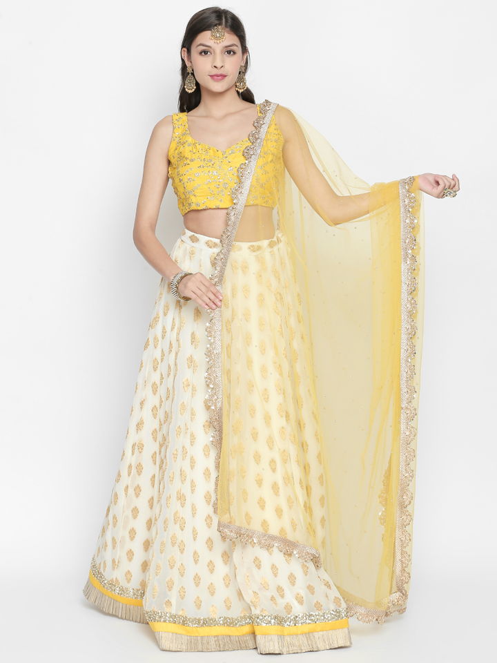 White and Yellow Ruffle Lehenga - Fashion Brand & Designer Priti Sahni