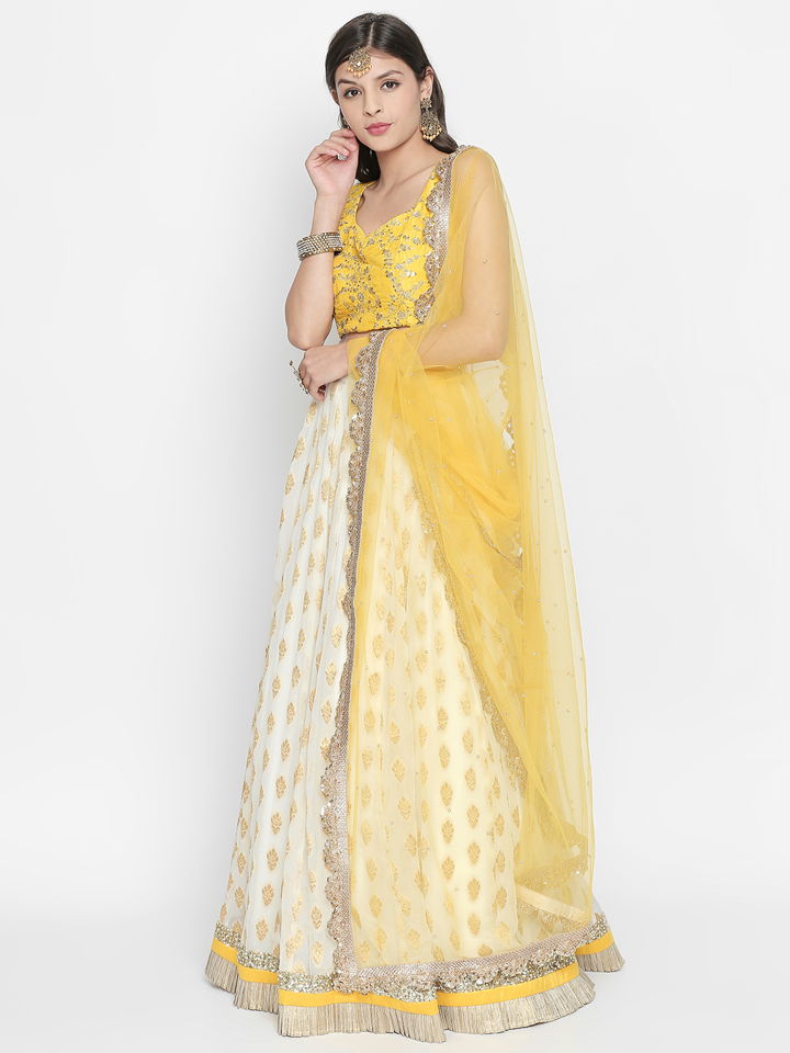 White and Yellow Ruffle Lehenga - Fashion Brand & Designer Priti Sahni 4