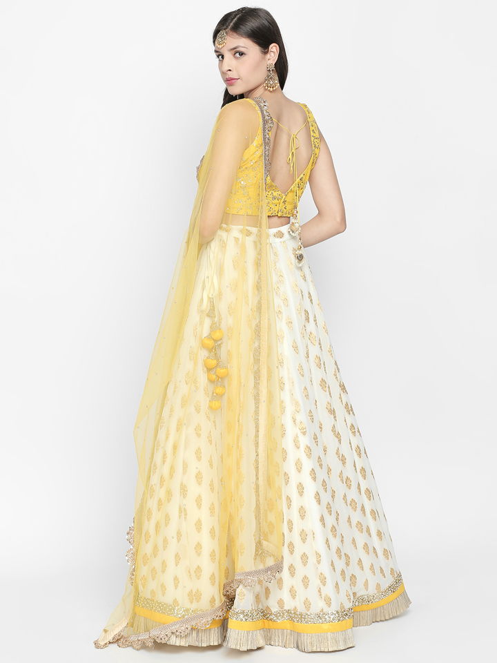 White and Yellow Ruffle Lehenga - Fashion Brand & Designer Priti Sahni 6
