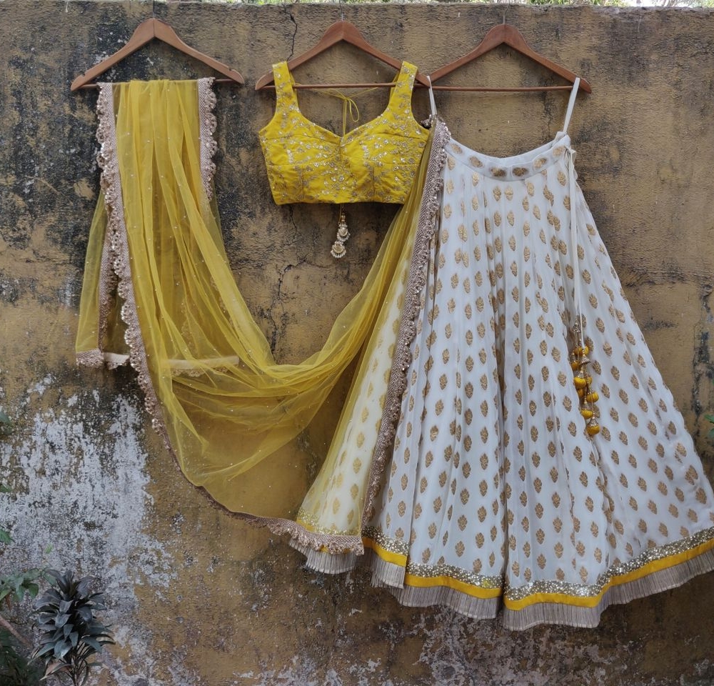 White and Yellow Ruffle Lehenga - Fashion Brand & Designer Priti Sahni 10