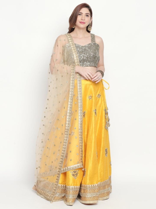 Yellow and Gold Raw Silk Lehenga Aaftab