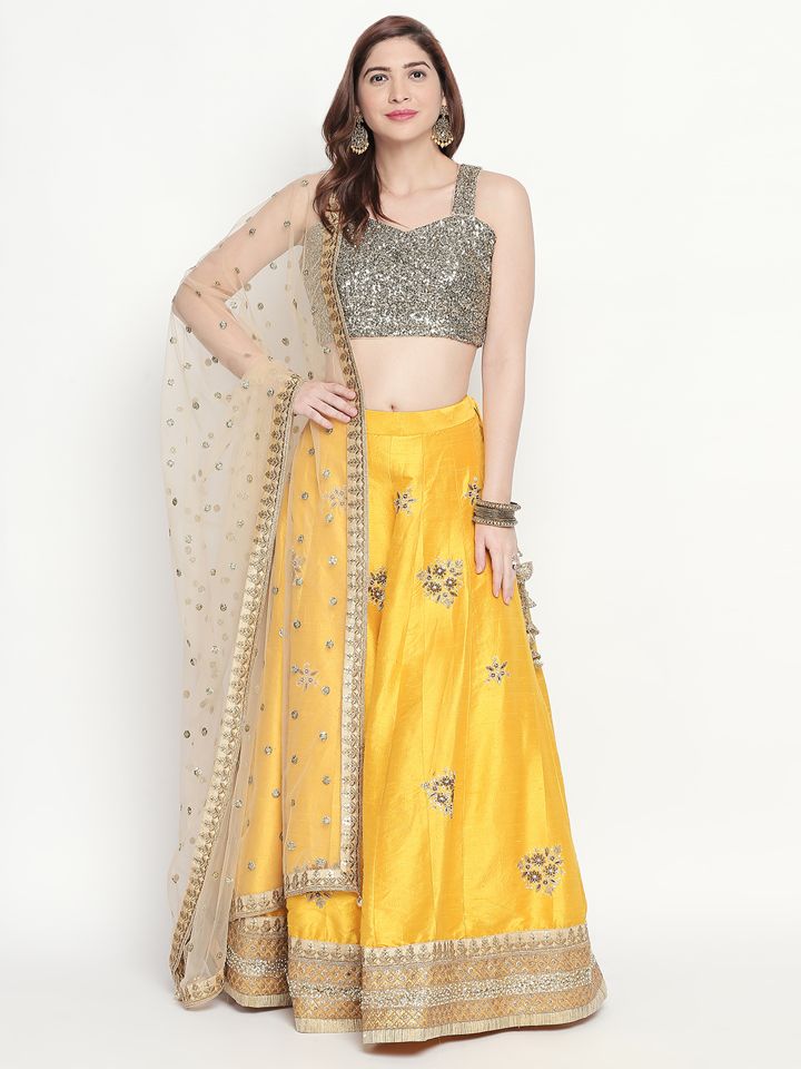 Yellow and Gold Raw Silk Lehenga - Fashion Brand & Designer Priti Sahni 6