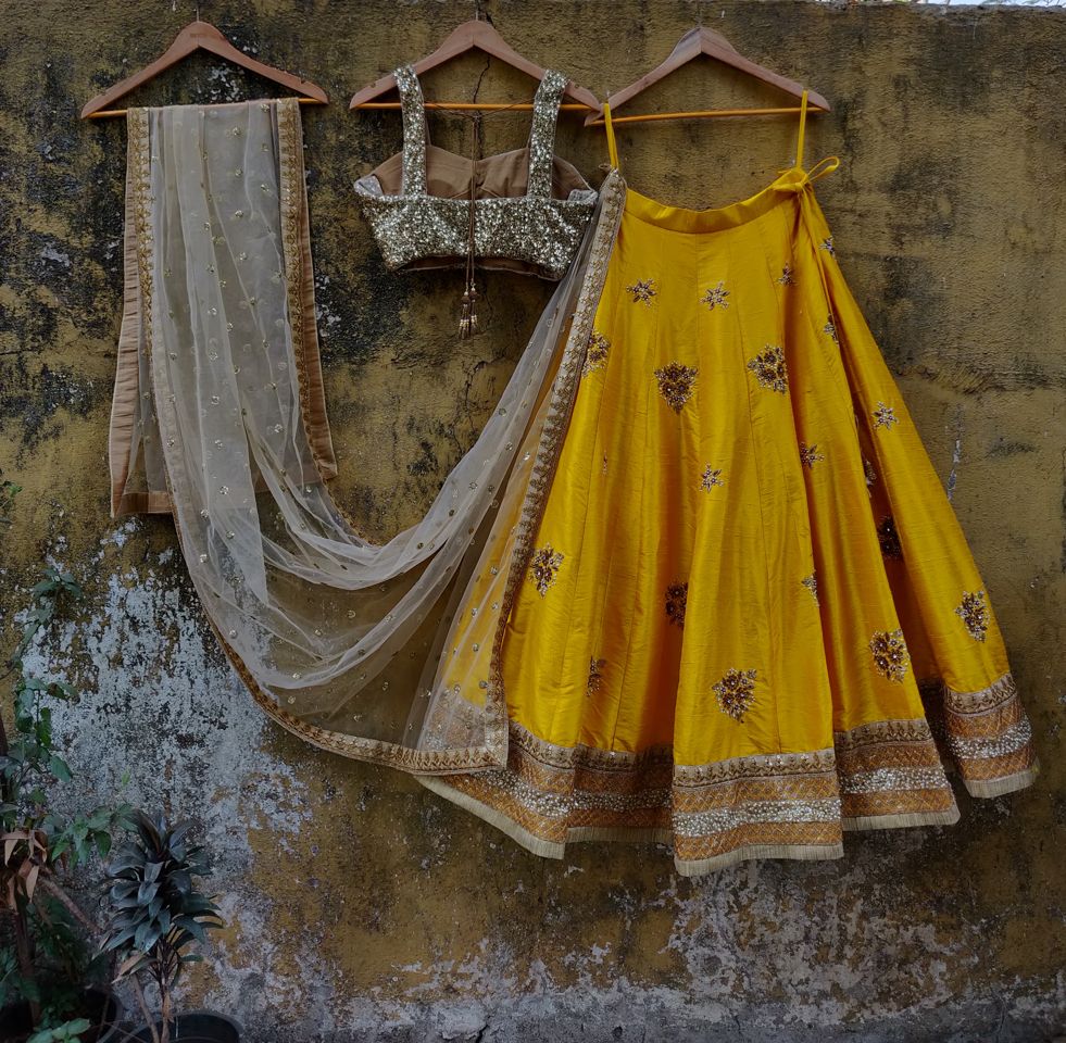 Yellow and Gold Raw Silk Lehenga - Fashion Brand & Designer Priti Sahni 5