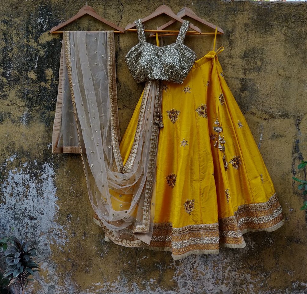 Yellow and Gold Raw Silk Lehenga - Fashion Brand & Designer Priti Sahni 7