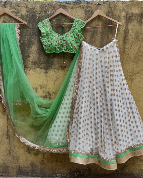 Green and Ivory Ruffle Lehenga - Fashion Brand & Designer Priti Sahni