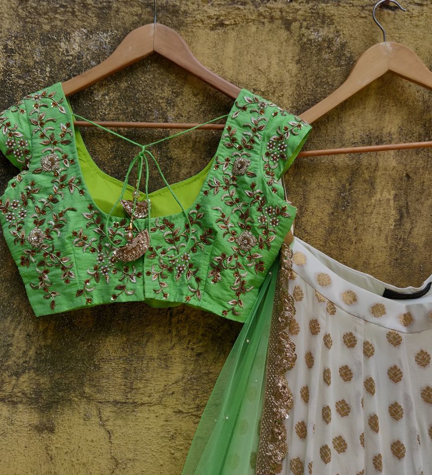 Green and Ivory Ruffle Lehenga - Fashion Brand & Designer Priti Sahni 3