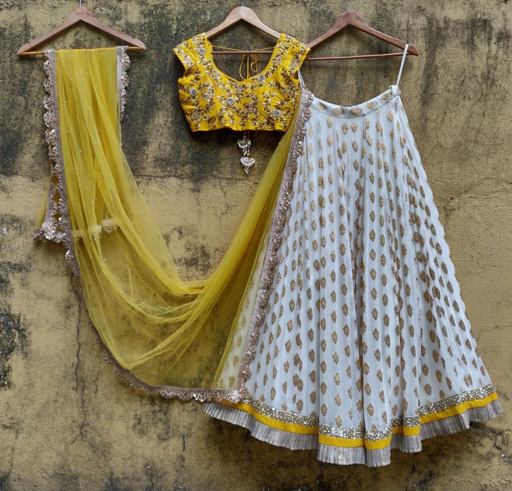 Ivory Lehenga and Yellow Embroidered Blouse - Fashion Brand & Designer Priti Sahni