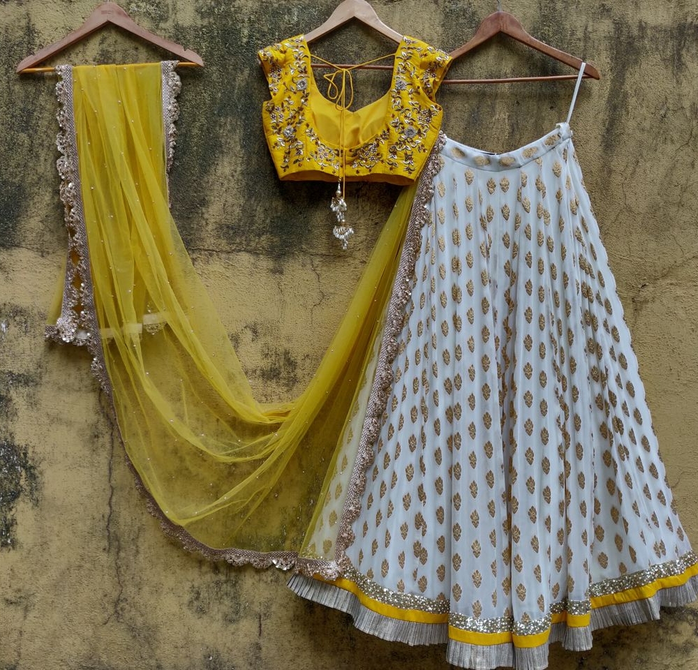 Ivory Lehenga and Yellow Embroidered Blouse - Fashion Brand & Designer Priti Sahni 3