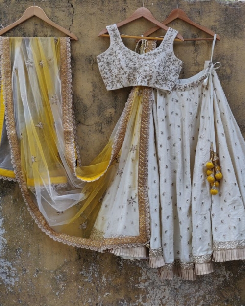 Ivory Ruffle Lehenha Set with Shaded Dupatta Bridal Couture
