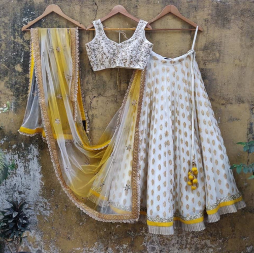 Ivory Butti Georgette Lehenga Set with Yellow Shaded Dupatta Lehengas