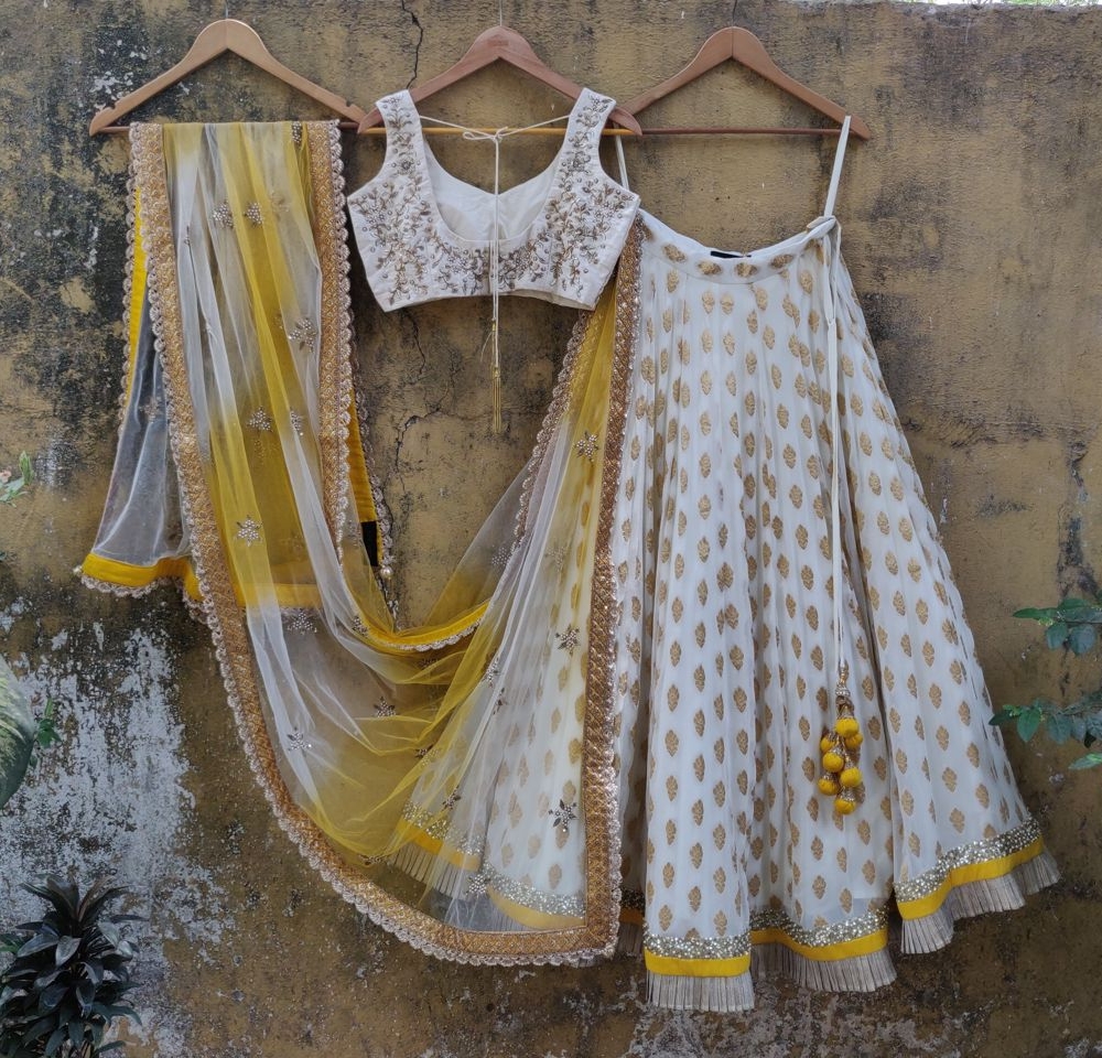 Ivory Butti Georgette Lehenga Set with Yellow Shaded Dupatta - Fashion Brand & Designer Priti Sahni 3