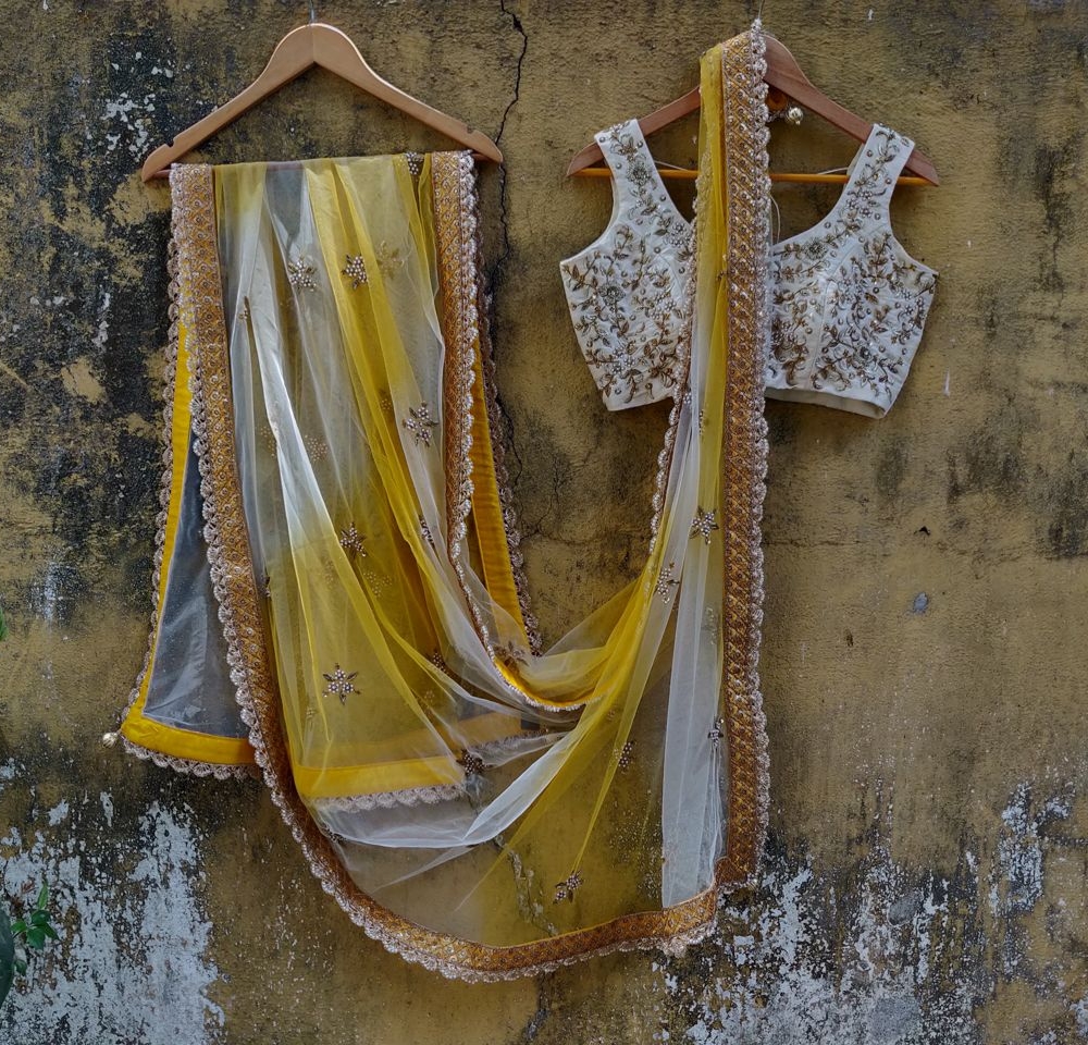 Ivory Butti Georgette Lehenga Set with Yellow Shaded Dupatta - Fashion Brand & Designer Priti Sahni 4