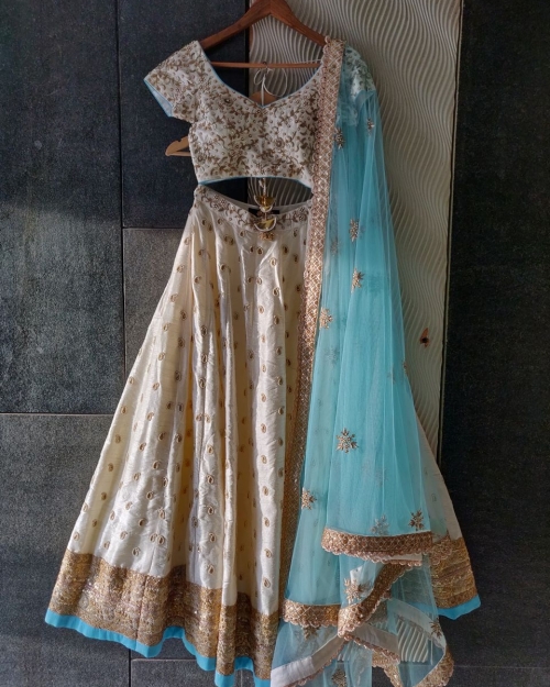 Ivory and Turquoise Raw Silk Lehenga - Fashion Brand & Designer Priti Sahni