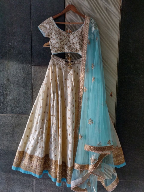 Ivory and Turquoise Raw Silk Lehenga Bridal Couture
