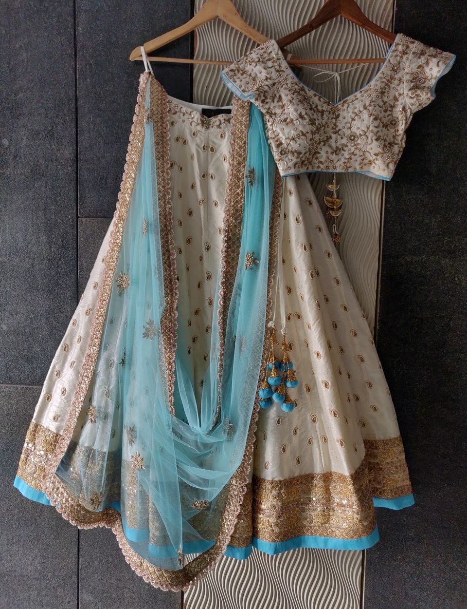 Ivory and Turquoise Raw Silk Lehenga - Fashion Brand & Designer Priti Sahni 4