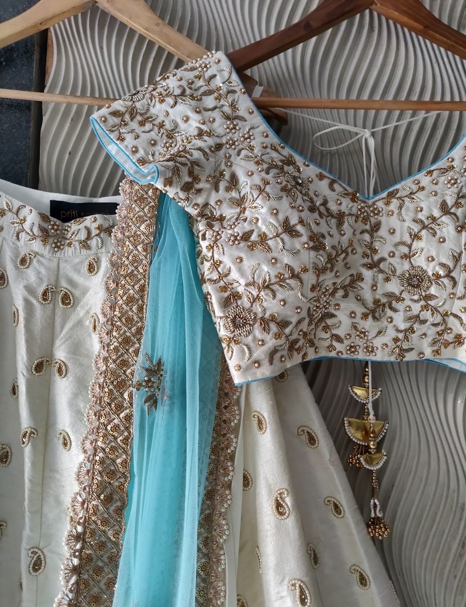 Ivory and Turquoise Raw Silk Lehenga - Fashion Brand & Designer Priti Sahni 5