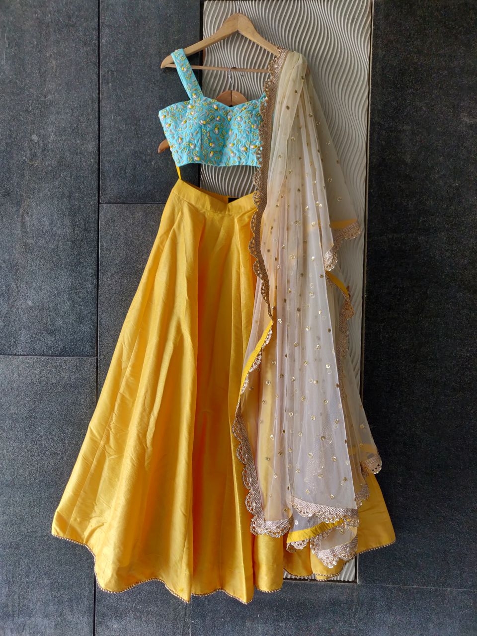 Buy MIMOSA Navy Blue & Yellow Embroidered Semi Stitched Bridal Lehenga &  Blouse With Dupatta - Lehenga Choli for Women 10811370 | Myntra