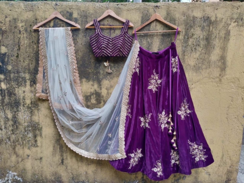 Purple Velvet Lehenga Set with Ivory Dupatta Bridal Couture