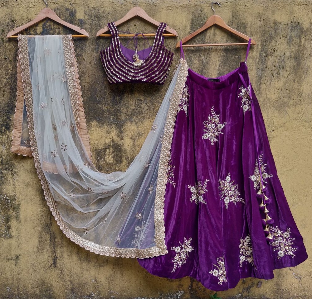 Purple Velvet Lehenga Set with Ivory Dupatta - Fashion Brand & Designer Priti Sahni 3