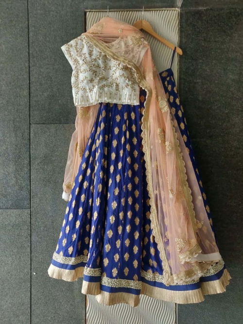 White and Blue Ruffle Lehenga with Peach Dupatta Bridesmaids