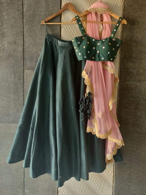 Deep Forest Green Mirror Work Lehenga Set Lehengas