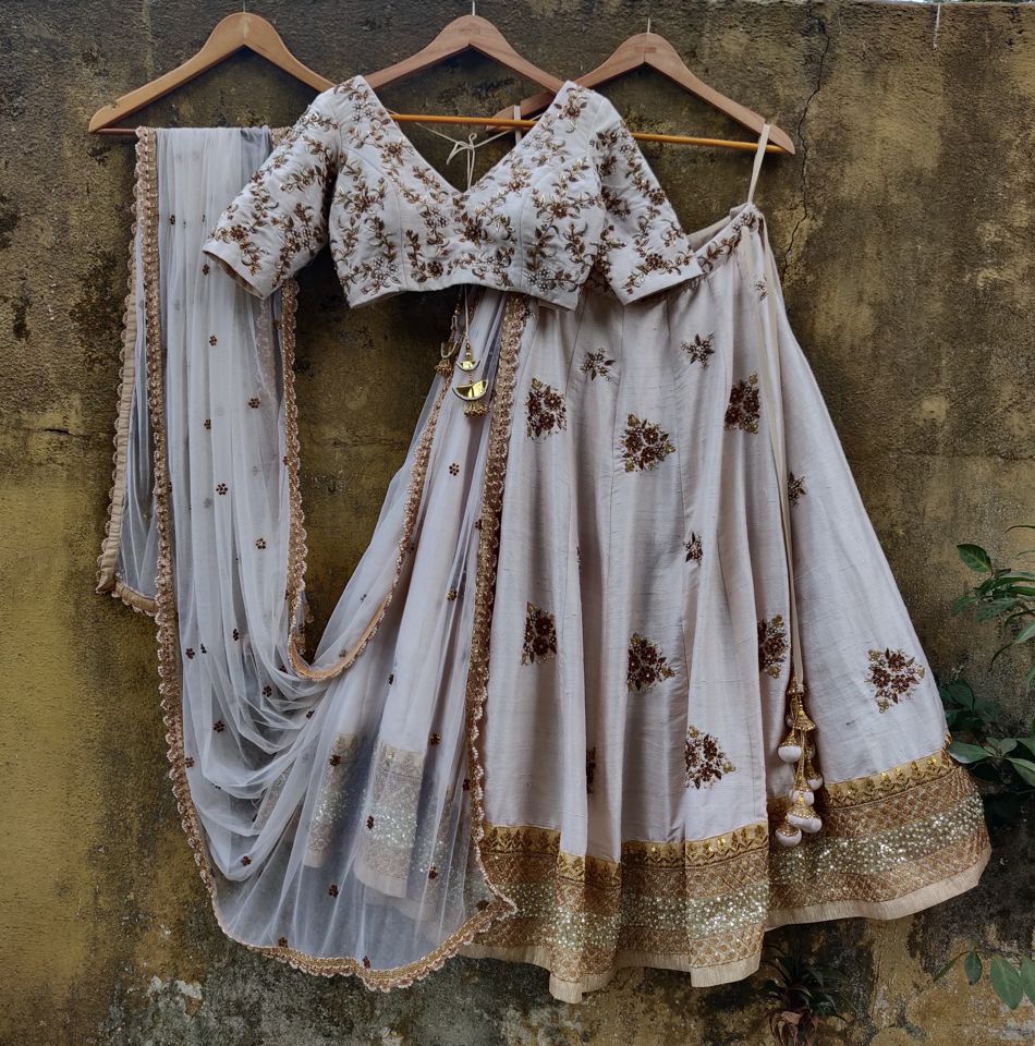 Ivory Bridal Lehenga Set with Antique Work - Fashion Brand & Designer Priti Sahni