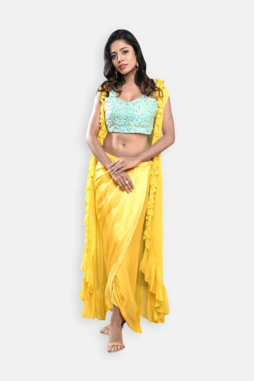 Yellow Cowl Skirt with Blue Potli Top and Jacket Indo-Western